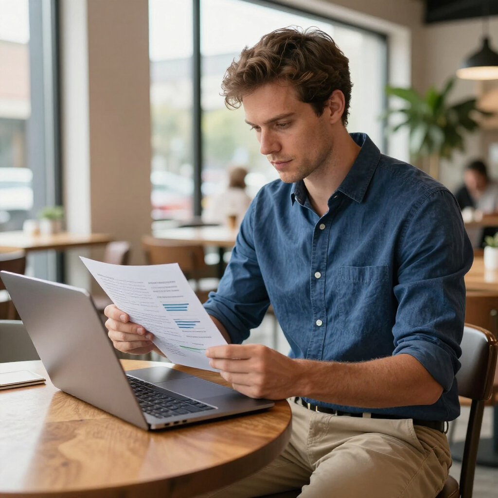 A person in a blue button-down shirt reviews documents while working on a laptop at a cafe table.