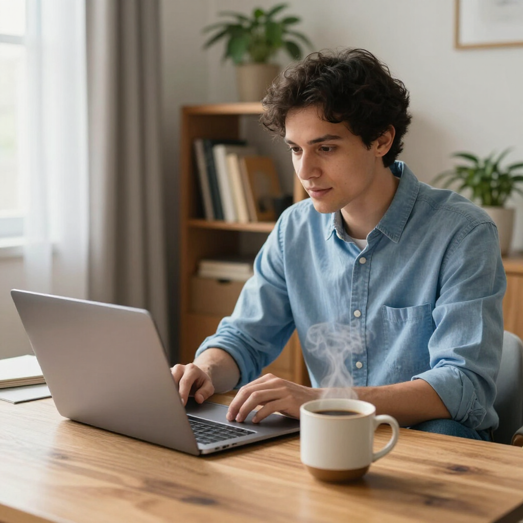 A person working on a laptop at a wooden desk with a steaming mug of coffee, in a room with shelves and plants.