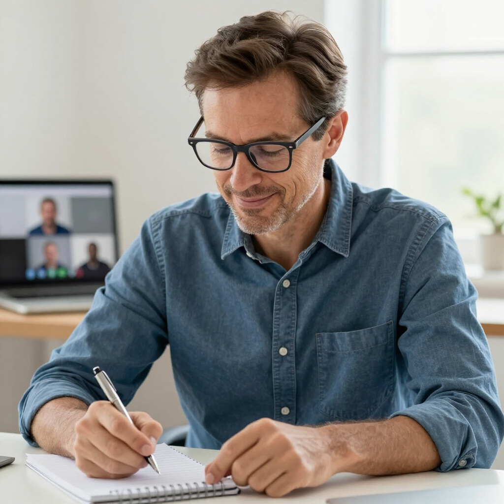 A person in a denim shirt wearing glasses takes notes while looking at a laptop screen during a video conference.