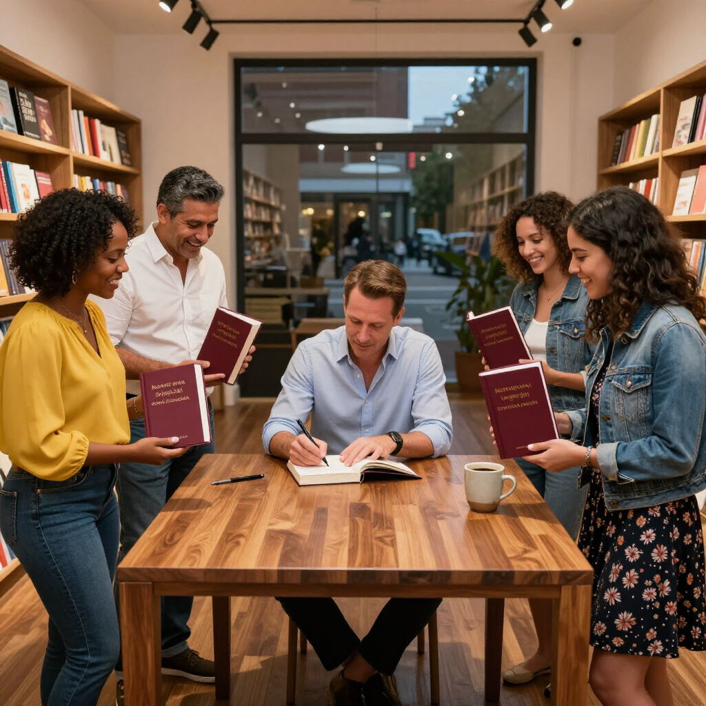 A group of people standing around a wooden table in a bookstore, watching as one person signs a book.