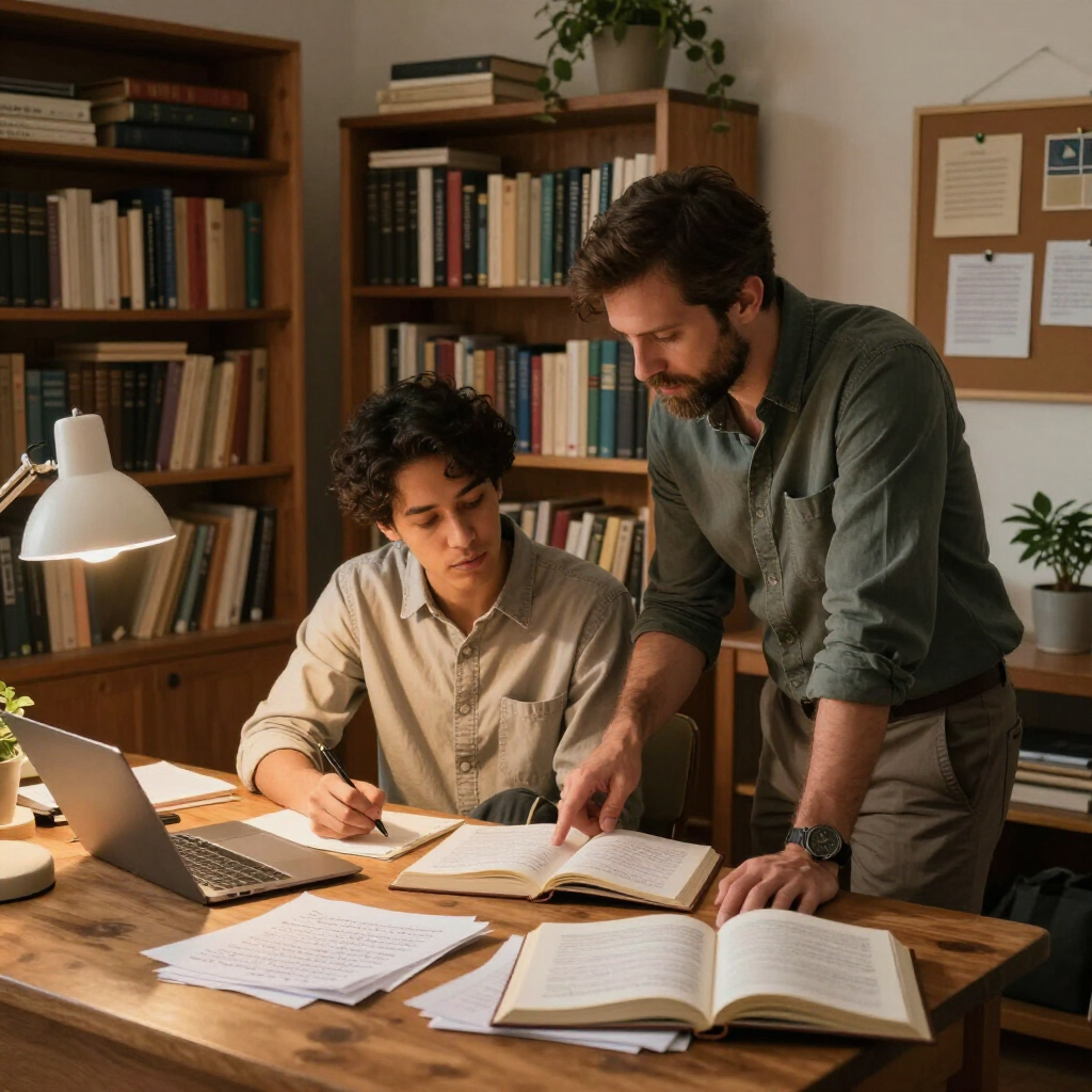 An instructor and a student study together at a wooden desk filled with open books, notebooks, and a laptop.
