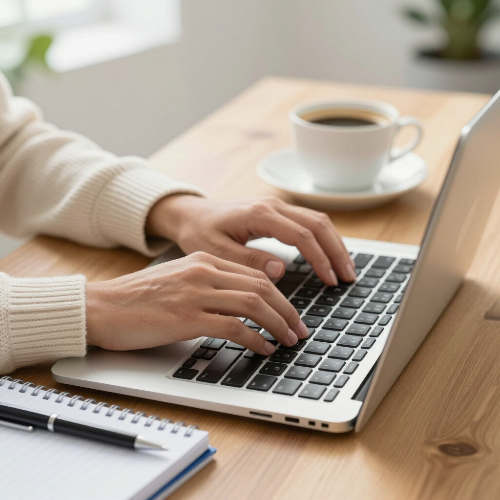 Hands typing on a silver laptop on a wooden desk next to a notebook, pen, and a cup of coffee.
