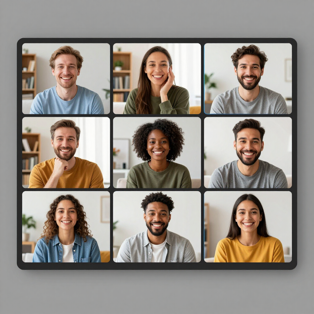 A 3x3 grid showing nine people smiling during a video conference, each in a home or office setting.