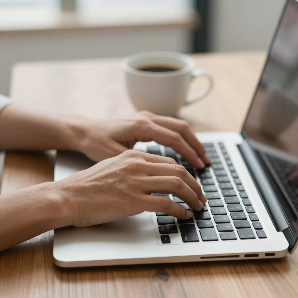 Hands typing on a silver laptop on a wooden desk next to a white coffee mug.