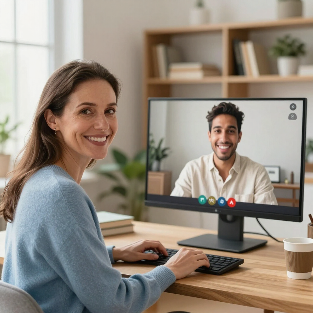 A smiling person sits at a wooden desk, looking toward a computer screen during a video call with a smiling colleague.