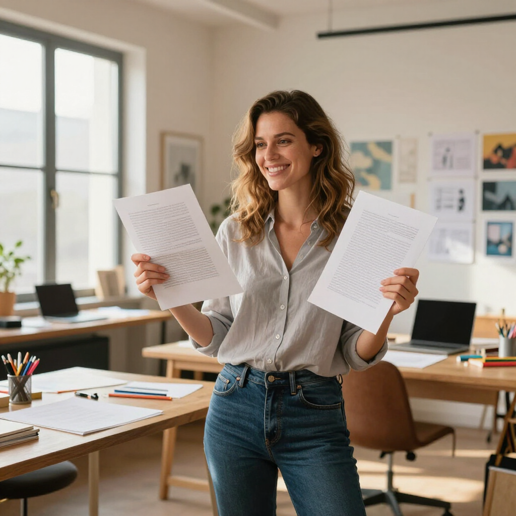 A smiling person in a light shirt and jeans holds two papers in a bright, modern office with desks and a large window.
