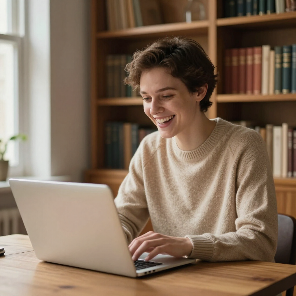 A person in a beige sweater smiling while typing on a laptop at a wooden desk in front of a bookshelf.