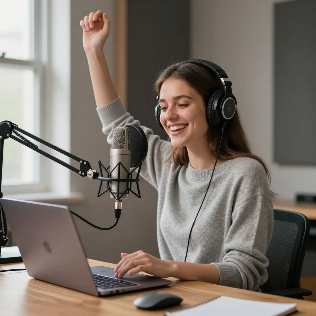 A person wearing headphones cheers while working at a laptop with a studio microphone on a desk.
