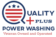 The logo for Quality Plus Power Washing is veteran owned and operated.