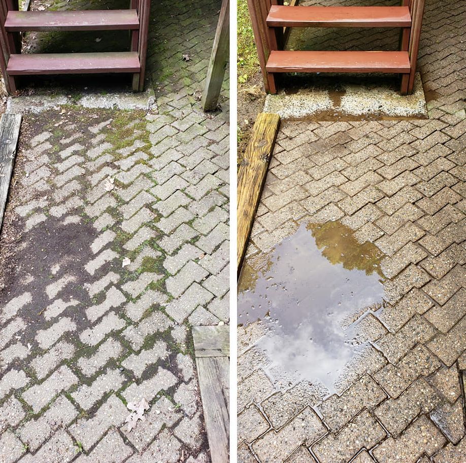 A before and after picture of a brick walkway with stairs.