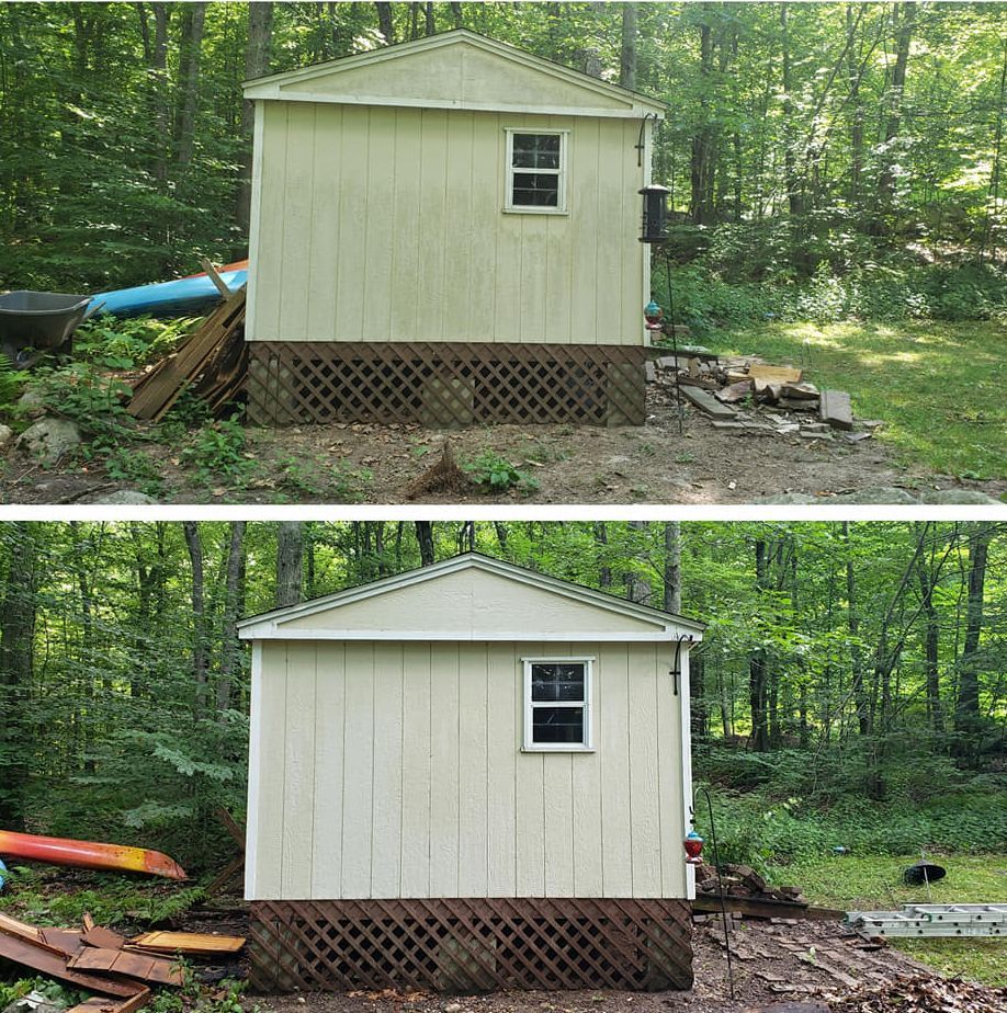 A before and after picture of a shed in the woods