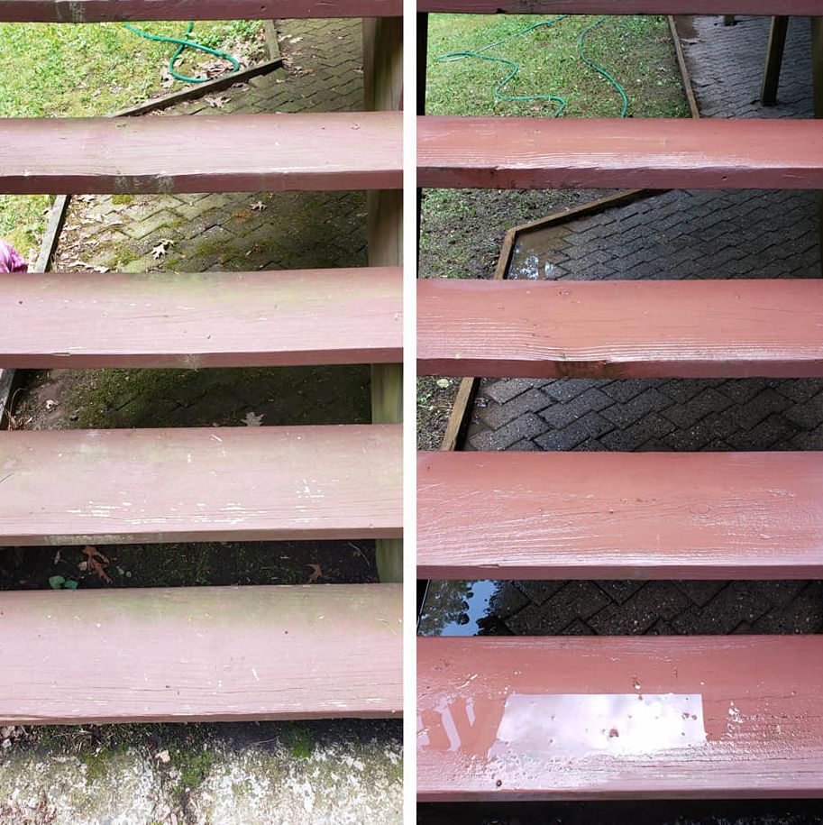 A before and after picture of a wooden staircase.