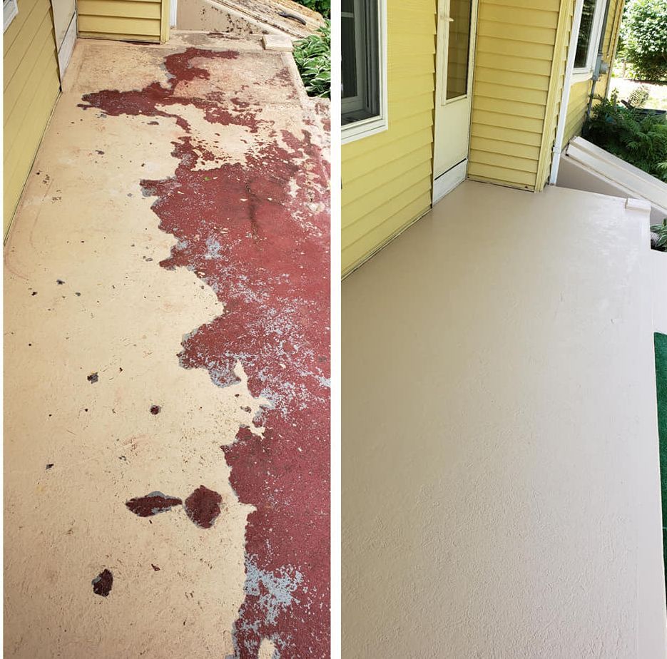 A before and after picture of a porch with peeling paint