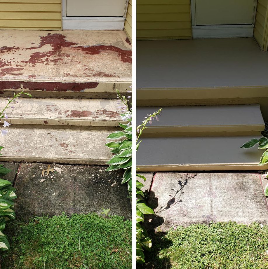 A before and after picture of a porch steps