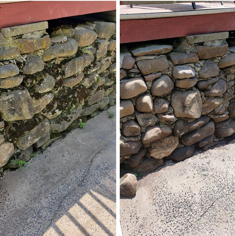 A before and after photo of a stone wall