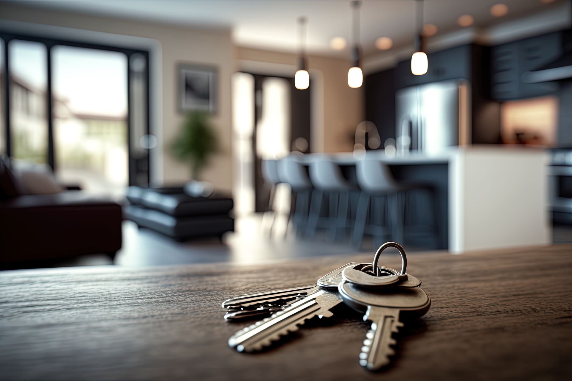 Close-up of a silver key ring on a wooden surface in front of a blurred, modern home interior.