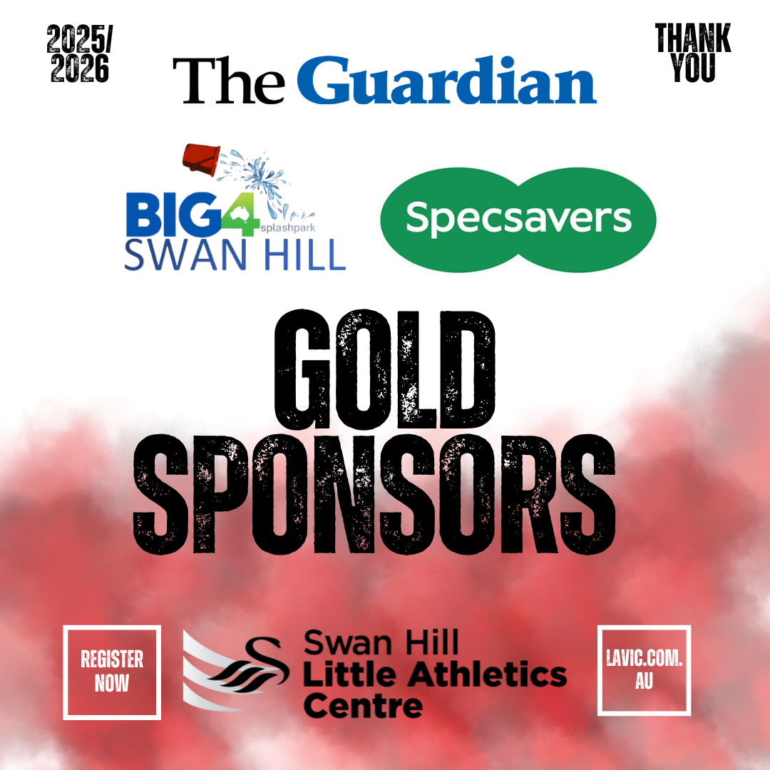 Sponsors' logos: The Guardian, Big4 Swan Hill, Specsavers, Swan Hill Little Athletics Centre. Text: 