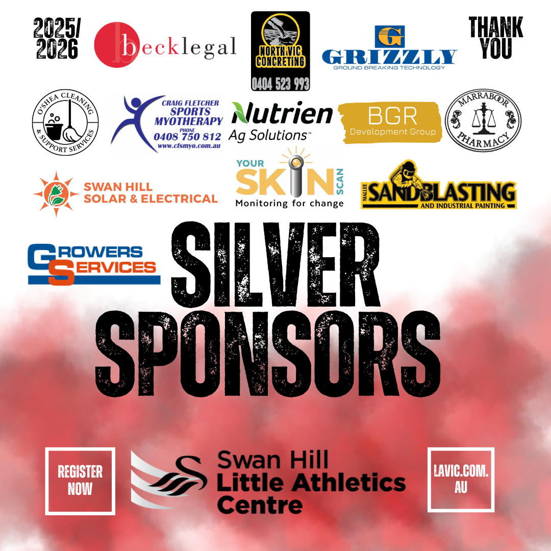 Sponsors for Swan Hill Little Athletics Centre. Text reads “Silver Sponsors” with logos.