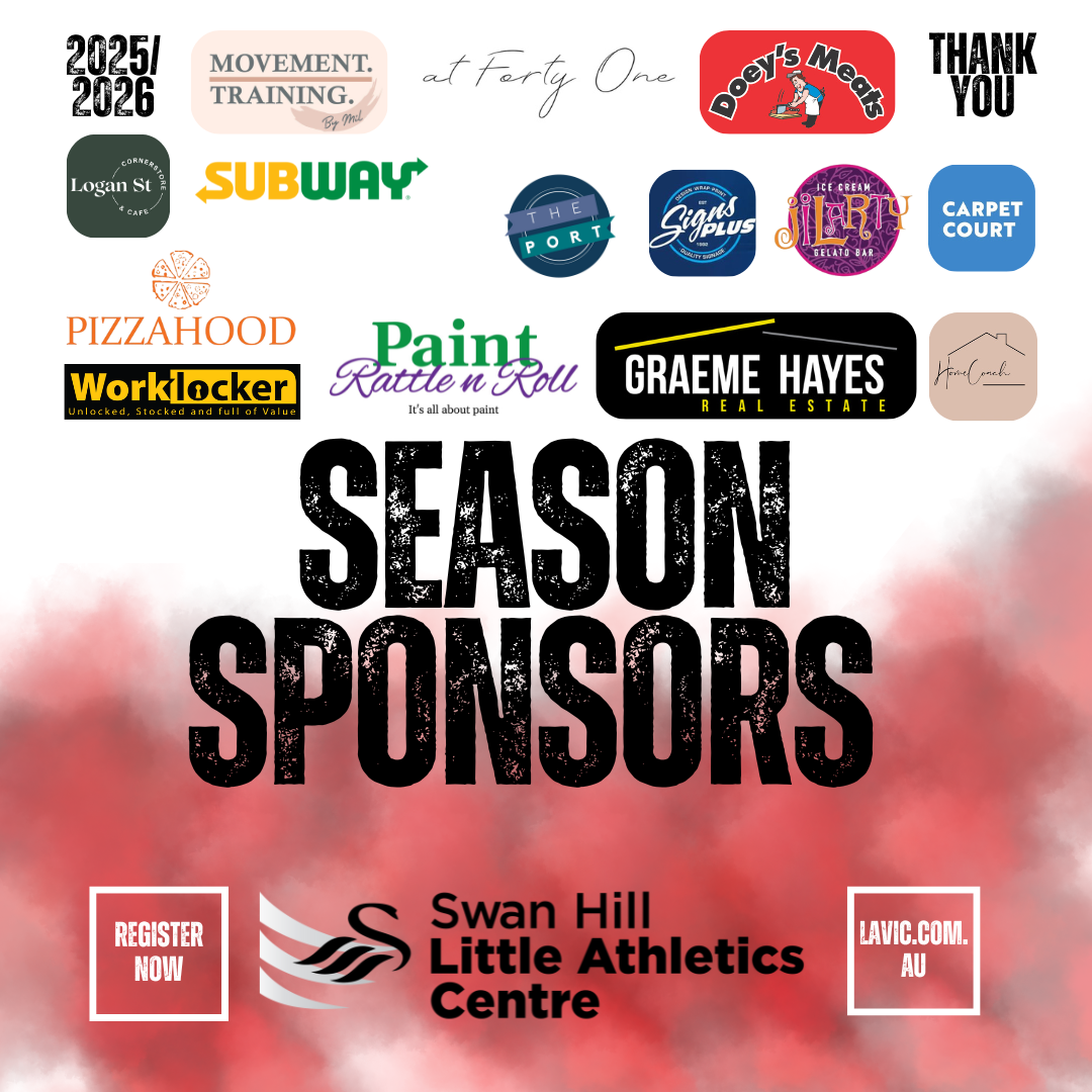 Graphic listing sponsors for Swan Hill Little Athletics Centre, with logos and text.