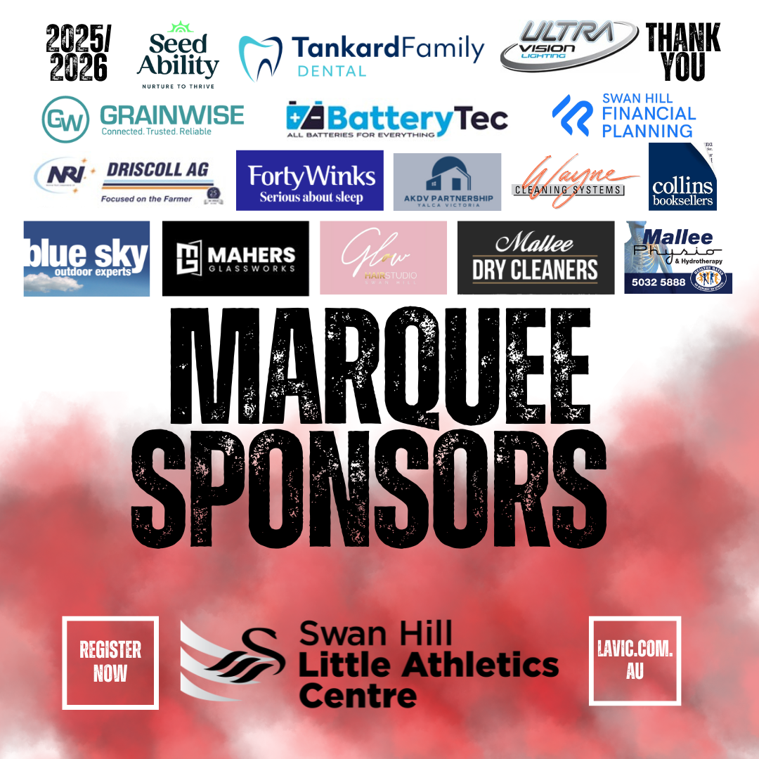 Marquee sponsors graphic for Swan Hill Little Athletics Centre with logos and text. Red and white color scheme.