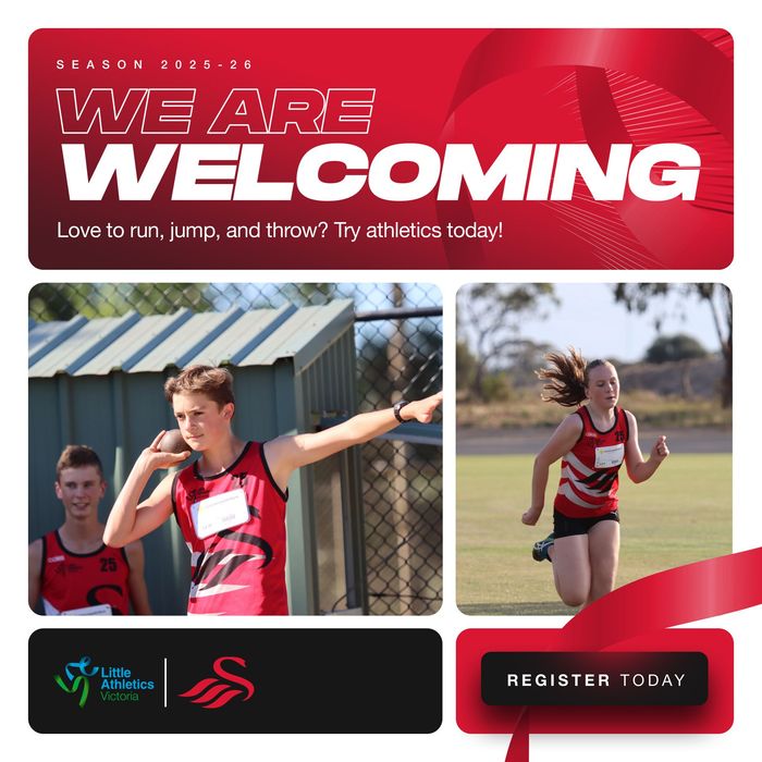 Athletics ad: Boy throwing shot put, girl running, red banner, and