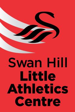 Logo for Swan Hill Little Athletics Centre: Black swan above text on red background.