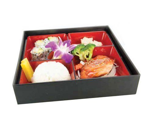 Bento box with sushi rolls, rice, grilled salmon, and vegetables; black and red container, orchid garnish.