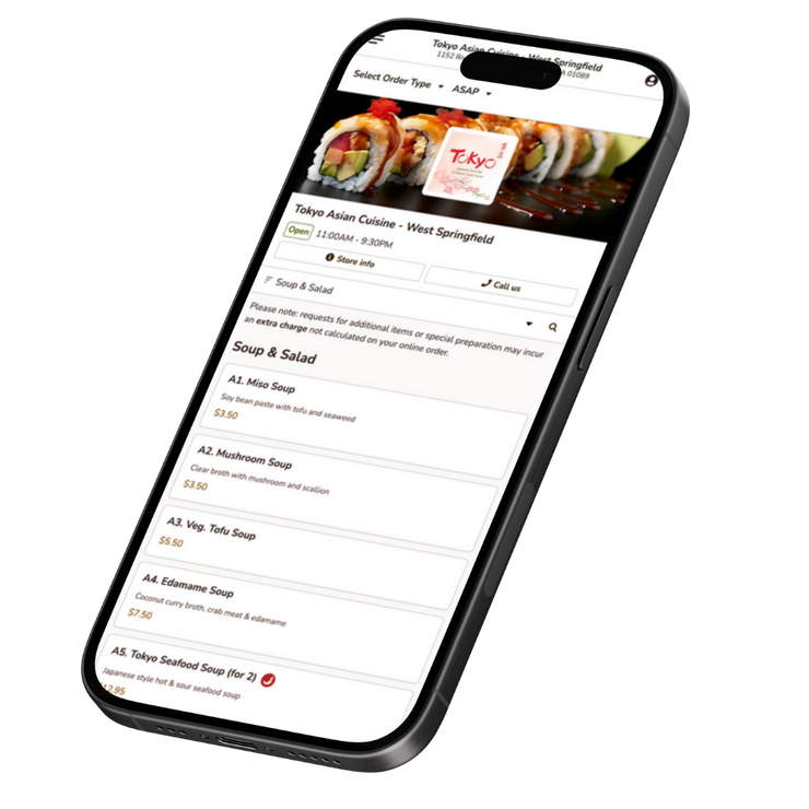 Smartphone displaying a restaurant menu, including sushi options and soup details.