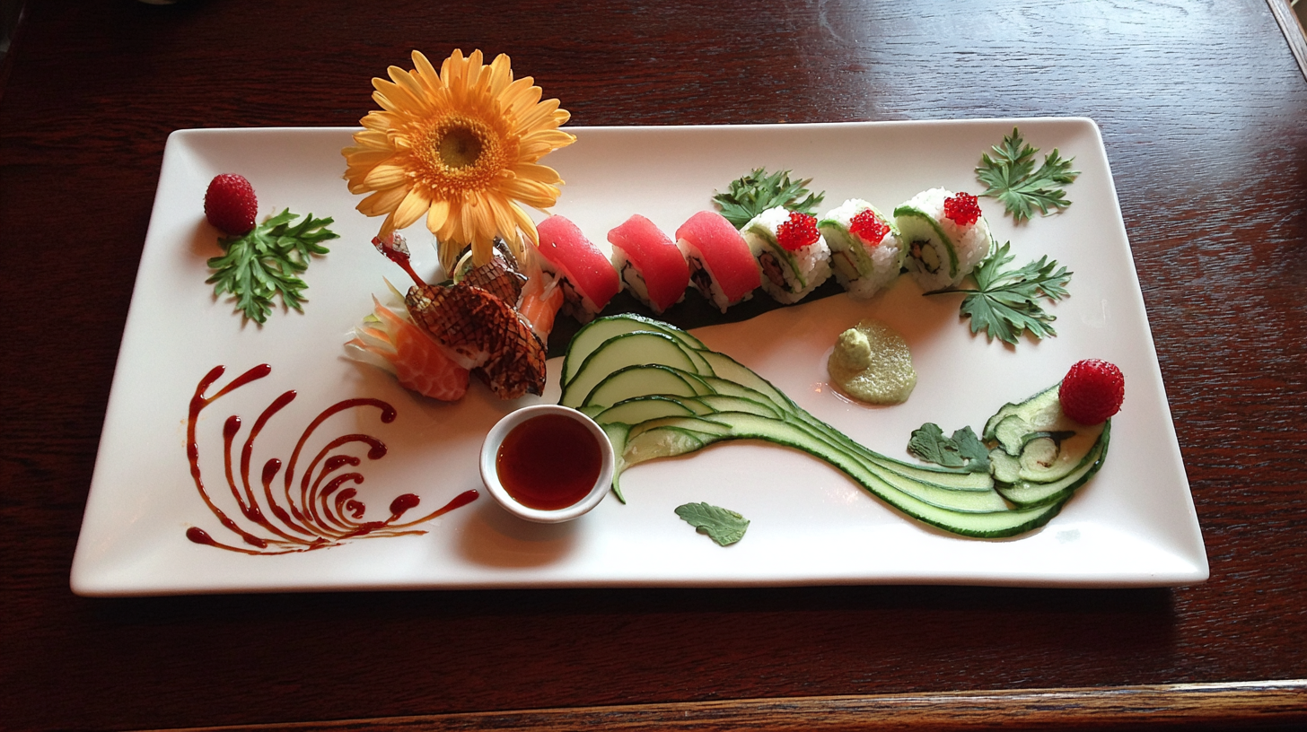 Sushi platter with tuna rolls, cucumber, sauce, flower, and artistic garnishes.