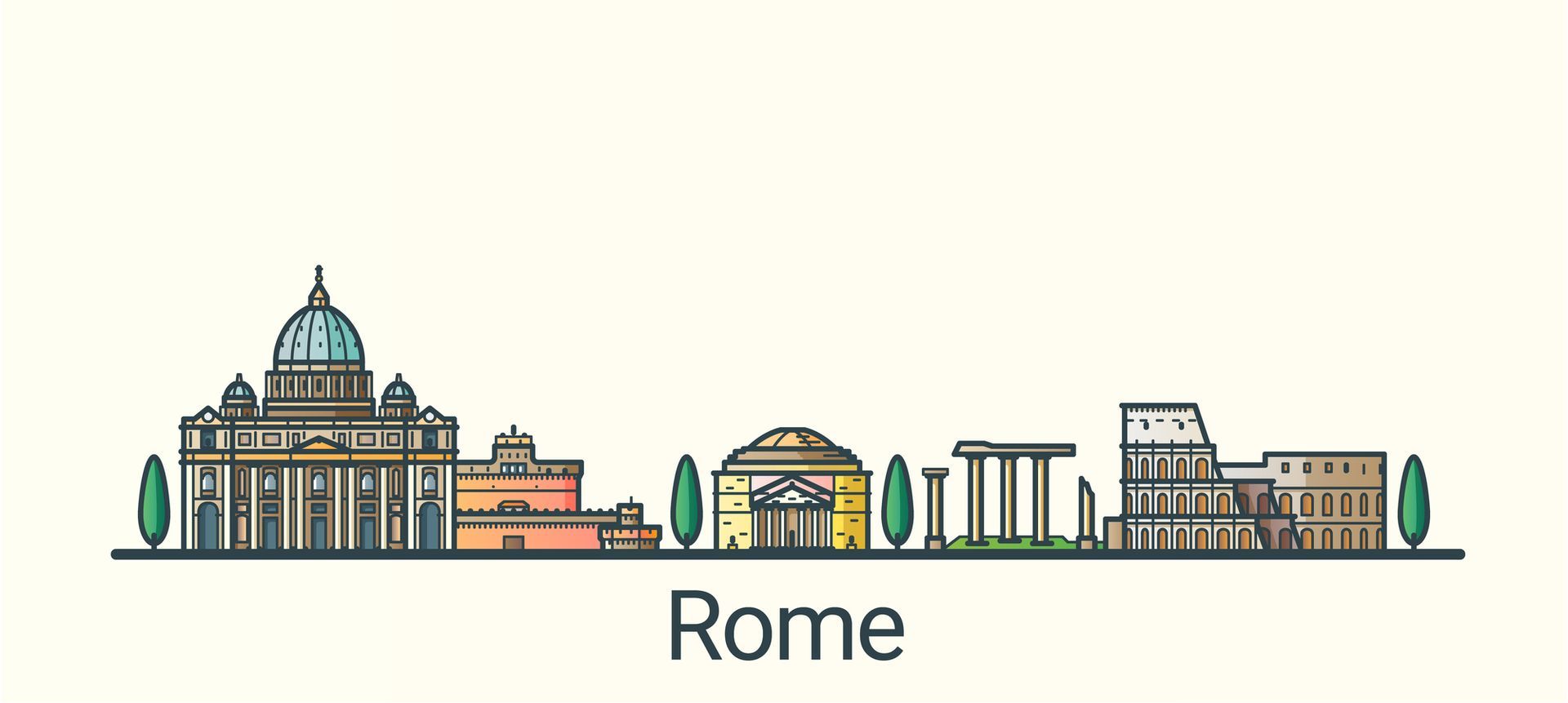 Skyline di Roma con edifici colorati e il nome della città in basso.
