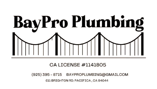 BayPro Plumbing logo: bridge icon, text, contact info, California license number.