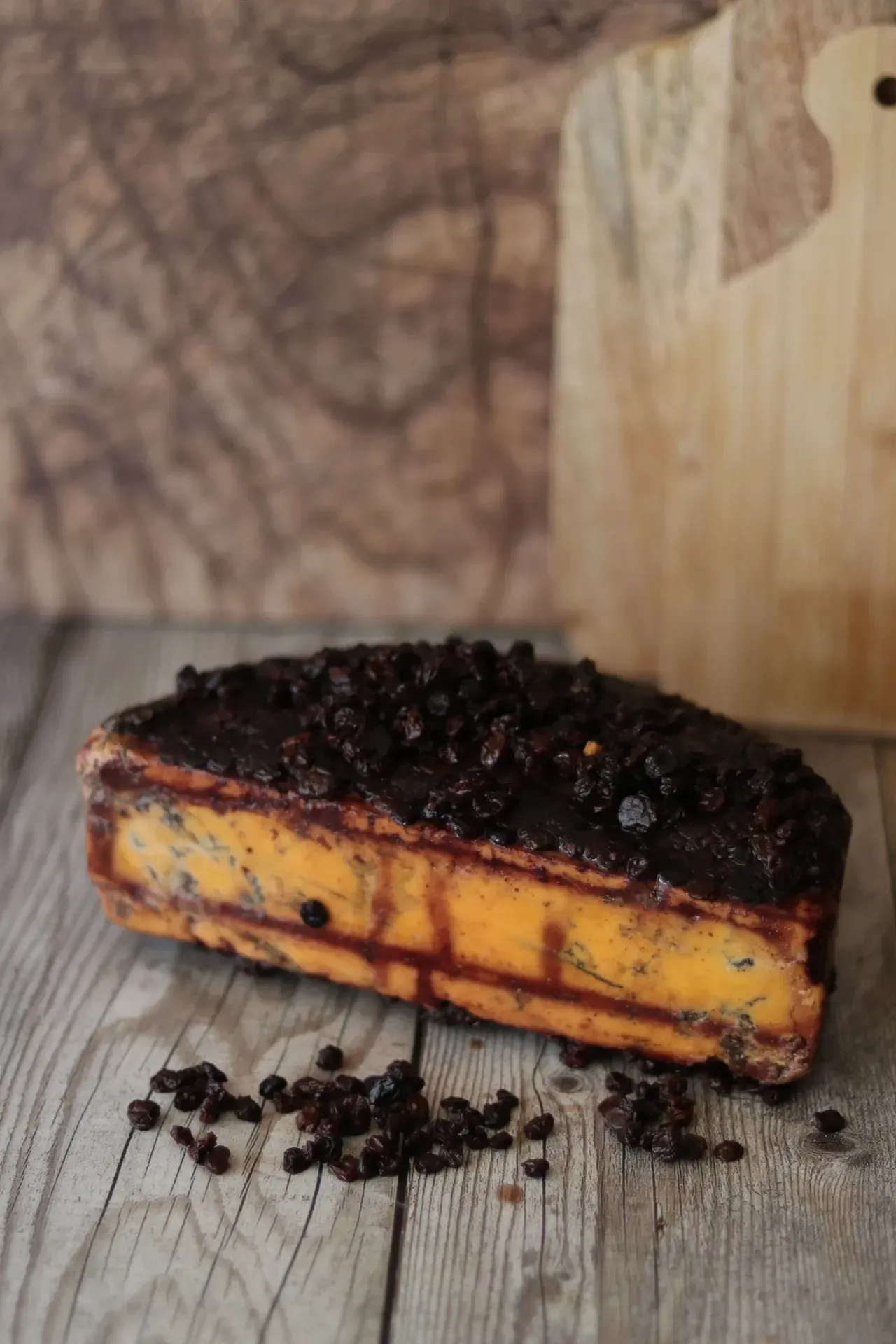 Formaggio Shropshire Blu al porto e uva di Corinto