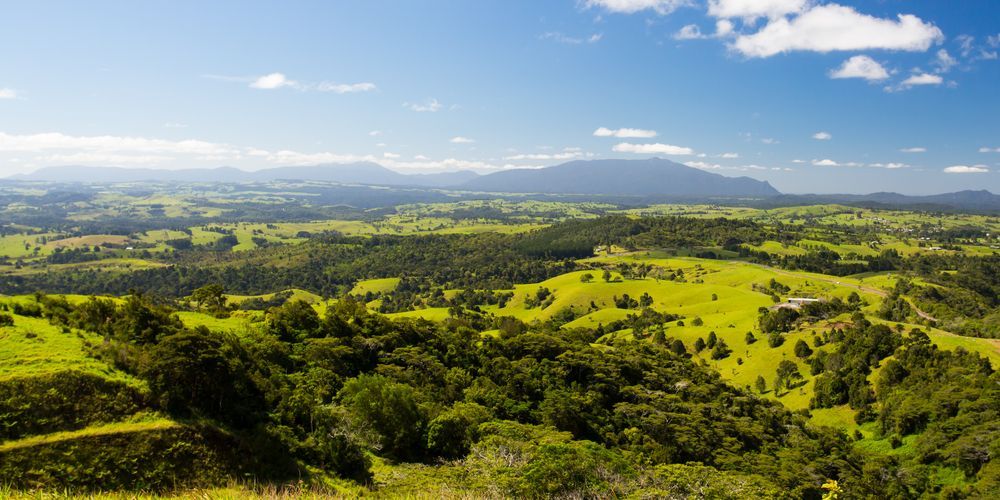 A panoramic view of a lush green valley with mountains in the background — John Chisholm Flooring in Dimbulah,  QLD