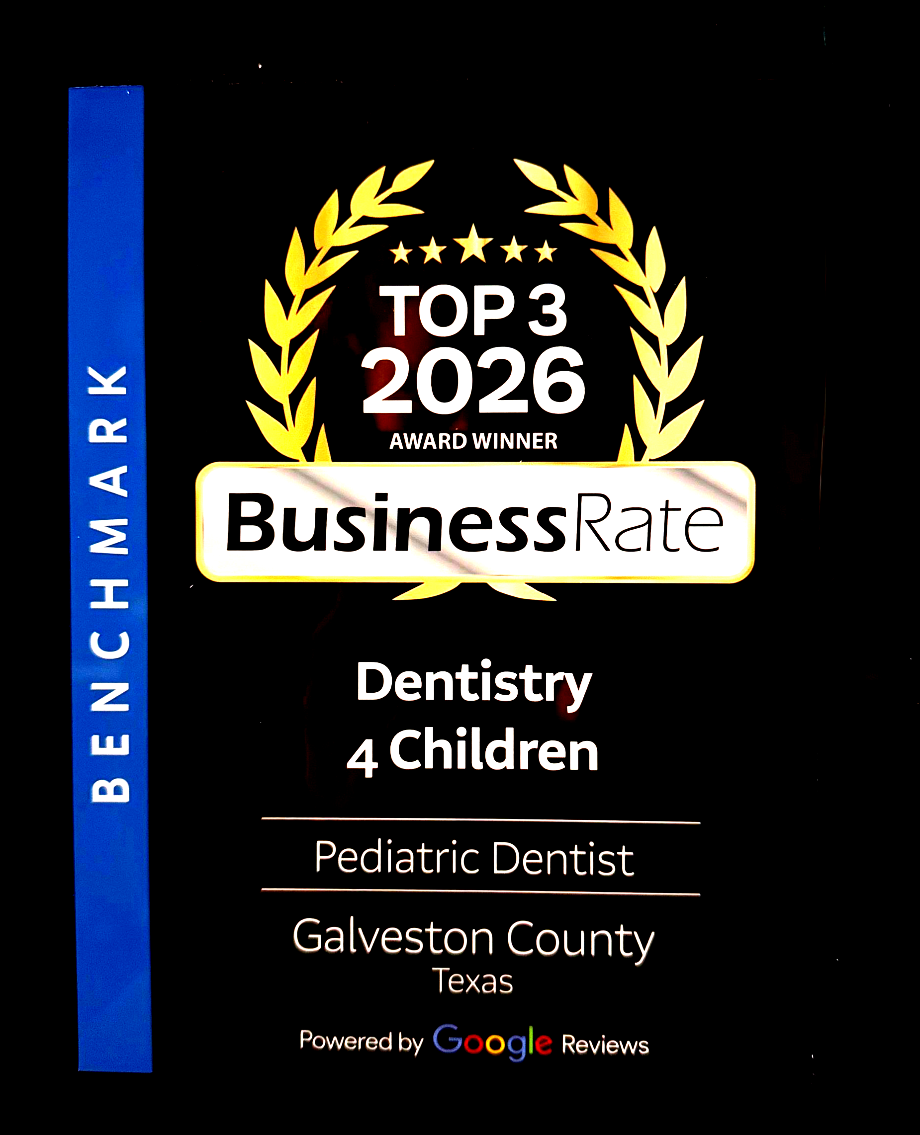 A 2026 Top 3 BusinessRate award certificate for Dentistry 4 Children, a pediatric dentist in Galveston County, Texas.