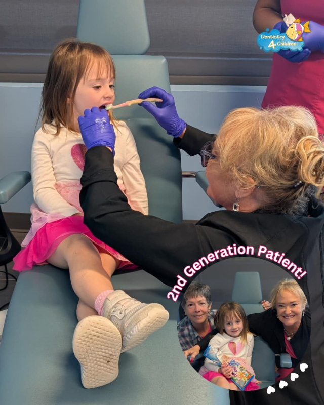 A dentist performs an oral exam on a patient, with an inset photo showing the patient with family members.