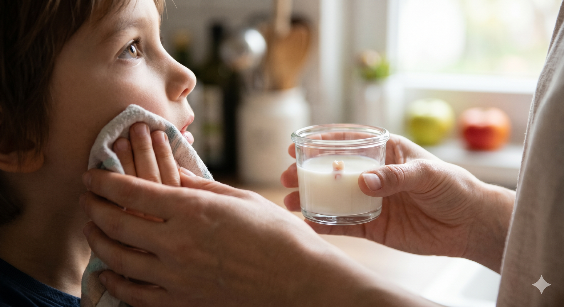 Child having face wiped with cloth while an adult offers a glass of milk
