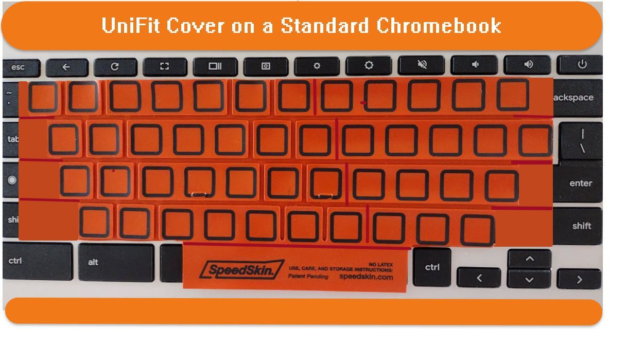 A UniFit, one-size-fits-all keyboard cover for Chromebooks and laptops. Imprinted keytops, fewer fitted keys, enough fitted keys to help secure placement, and flat rows all combine for a UniFit cover for Chromebooks and laptops.