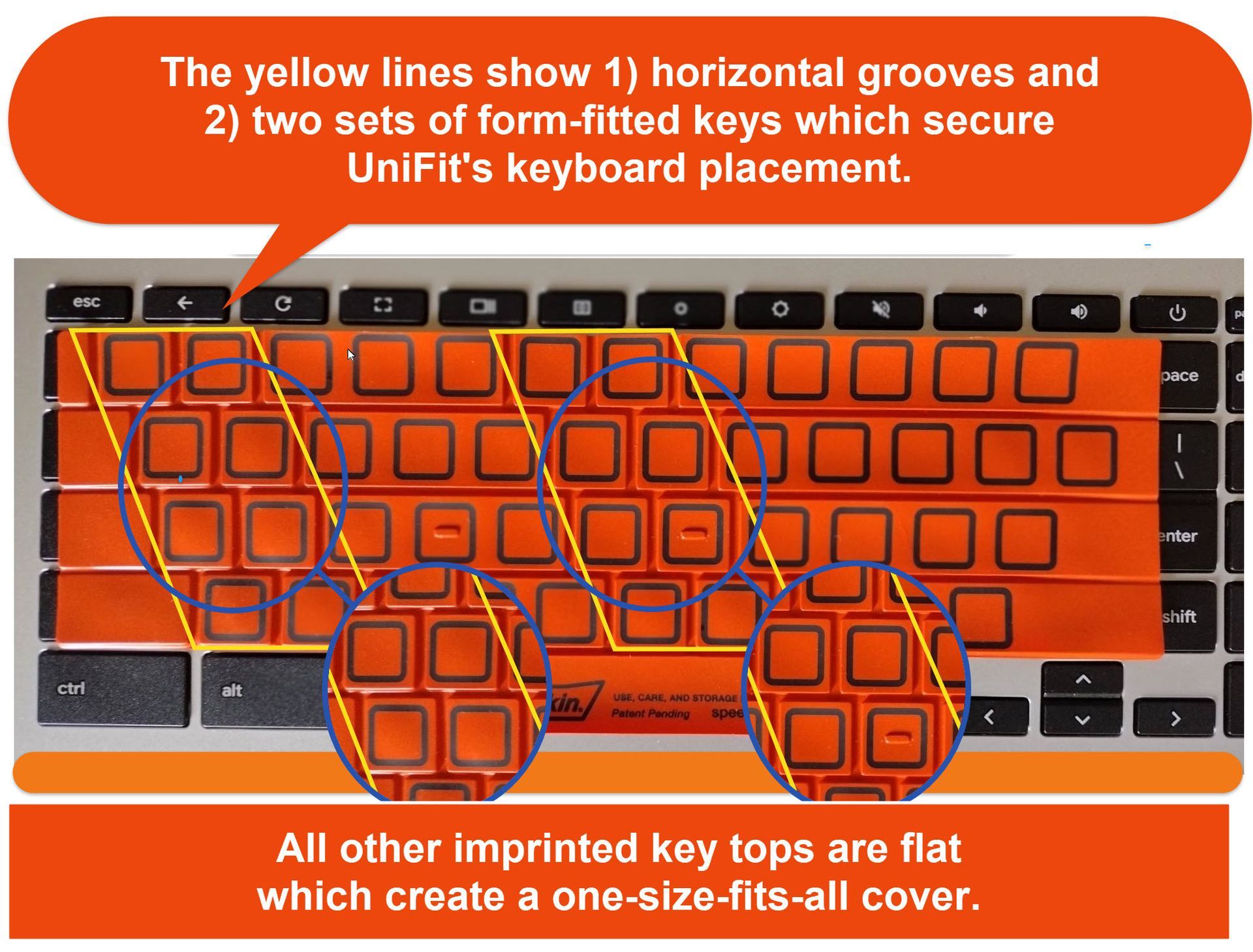 UniFit covers for Chromebooks have 2 sections of 8 keys each with fitted keys to better secure the cover on top of the keyboard.