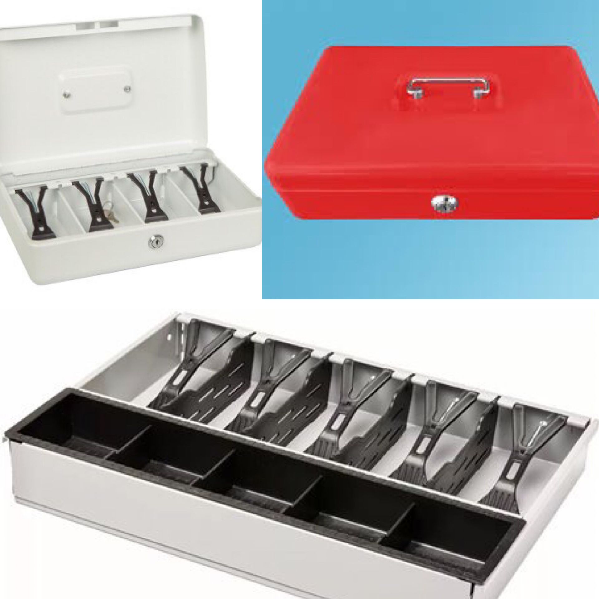 Cajas de dinero: una blanca abierta, una roja cerrada y una bandeja abierta con ranuras y compartimentos para dinero.