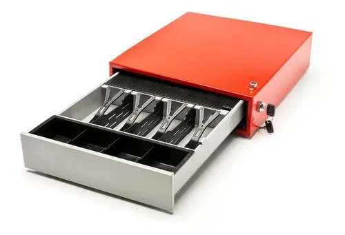Caja registradora roja con cajón abierto que muestra compartimentos para monedas.