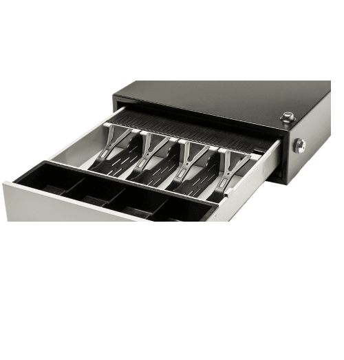 Cajón de caja registradora, negro y plateado, que se abre para revelar compartimentos para billetes y monedas.