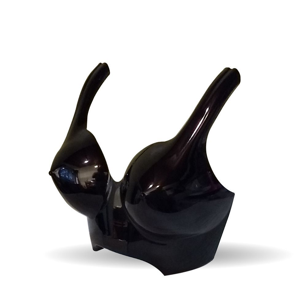 Sujetador de plástico moldeado, brillante, de color negro, con tirantes anchos y copas moldeadas, sobre fondo blanco.