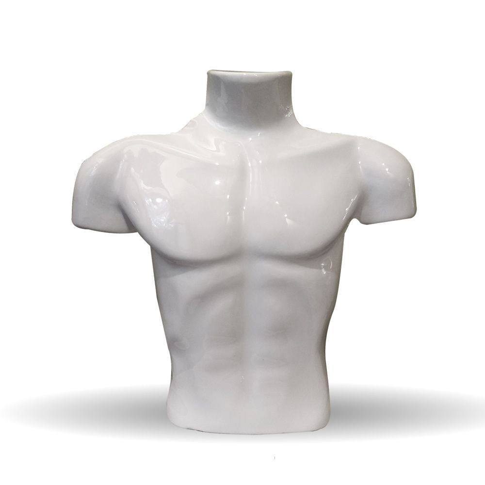 Maniquí de torso masculino de color blanco con pecho y hombros definidos.