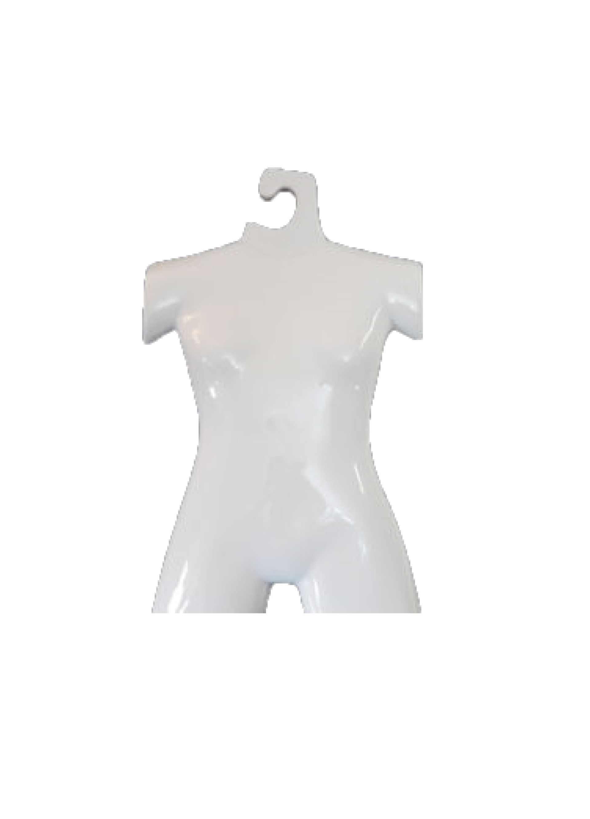 Maniquí de torso blanco con percha, utilizado para exponer ropa.
