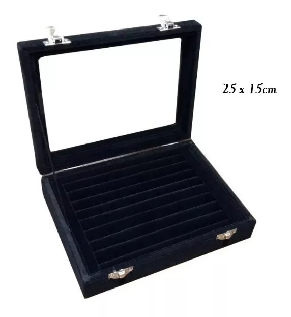 Caja expositora de anillos de terciopelo negro, abierta, con tapa transparente, dimensiones 25x15cm.