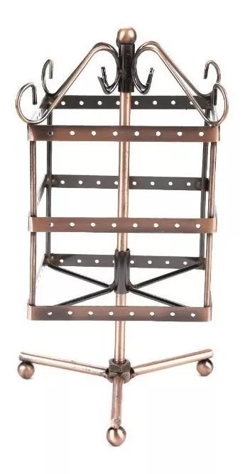 Expositor de pendientes de metal color bronce con múltiples ranuras y ganchos.