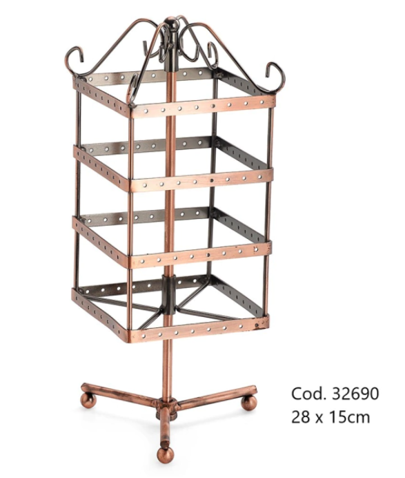 Expositor de aretes de metal color cobre con cuatro niveles. Tiene una base triangular y una tapa decorativa.