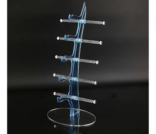 Exhibidor de gafas de acrílico azul con barras horizontales, para sostener gafas.