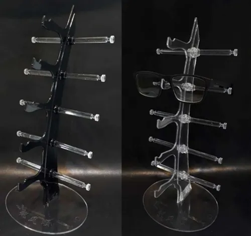 Exhibidores de anteojos de acrílico negro y transparente con múltiples brazos horizontales