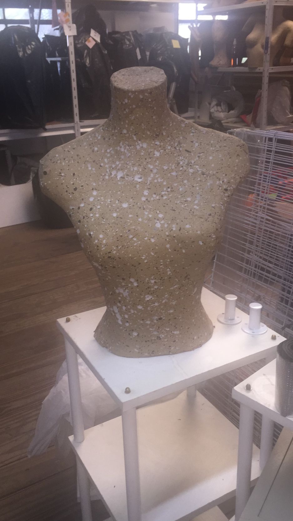 Un maniquí de torso de color beige sobre un expositor blanco, en un establecimiento minorista.